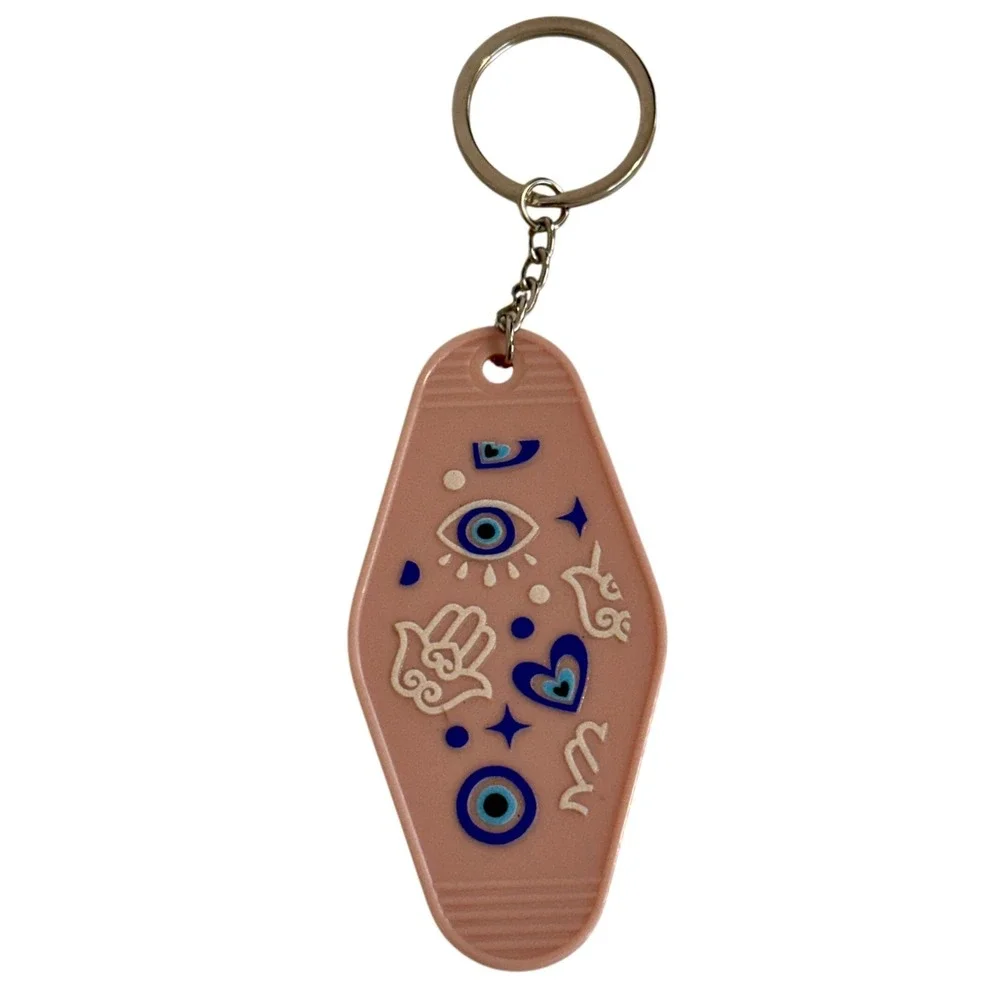 Handcrafted Evil Eye Hamsa Spiritual Motel Keychain Peach Pink Mystical Tag